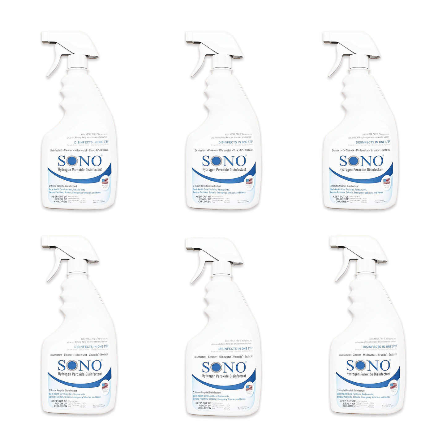 Six SONO 32oz Disinfectant Spray bottles arranged neatly against a white background, showcasing the full set included in the multipack purchase.