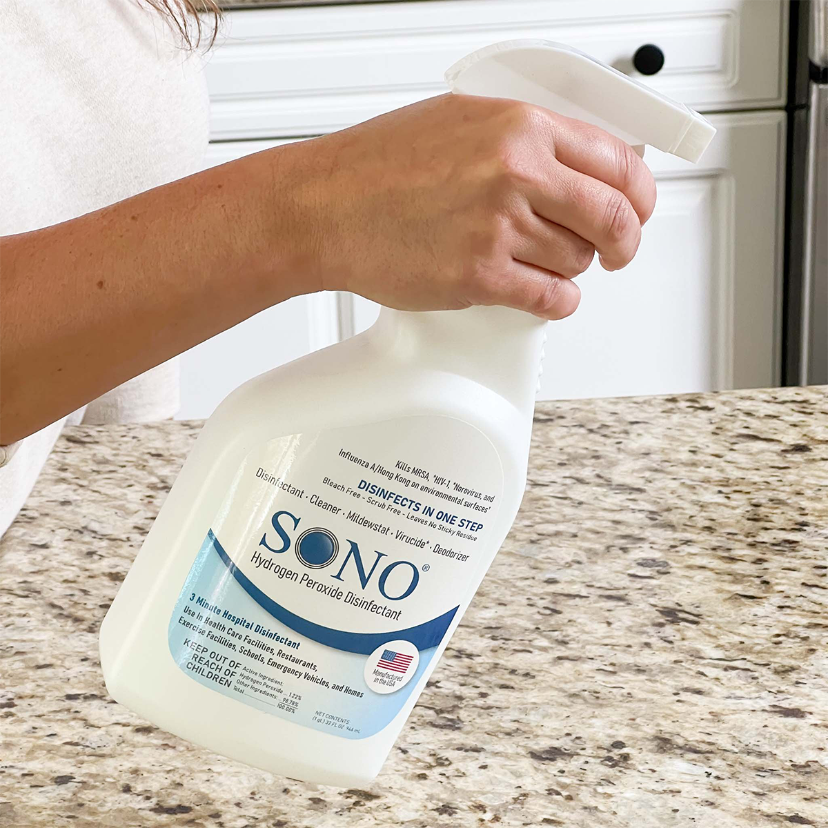 SONO Hydrogen Peroxide Disinfectant Spray Used On Kitchen Countertops