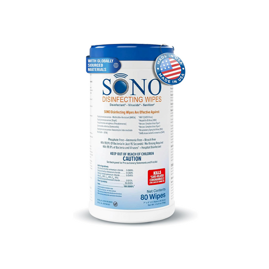SONO Alcohol-Free Disinfecting Wipes 80-count canister on a clean white background - safe and effective surface cleaning.