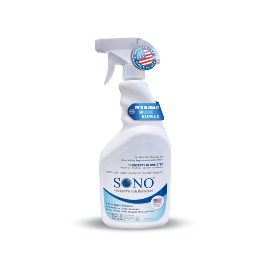 SONO Disinfecting Spray 32oz bottle front label showing stain remover and disinfectant features.