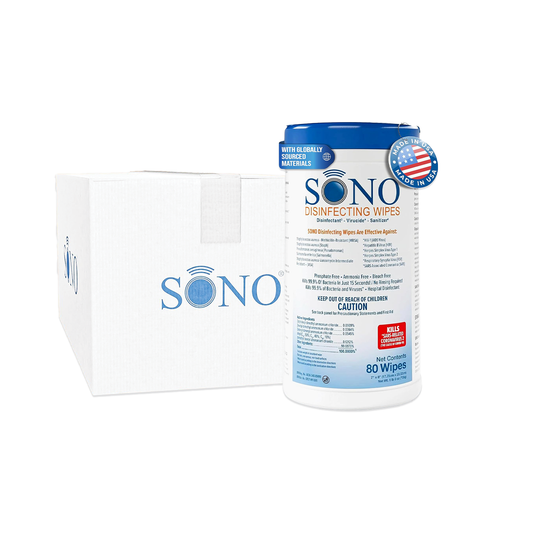 Single canister of SONO Alcohol-Free Disinfecting Wipes in front of branded SONO box highlighting packaging.