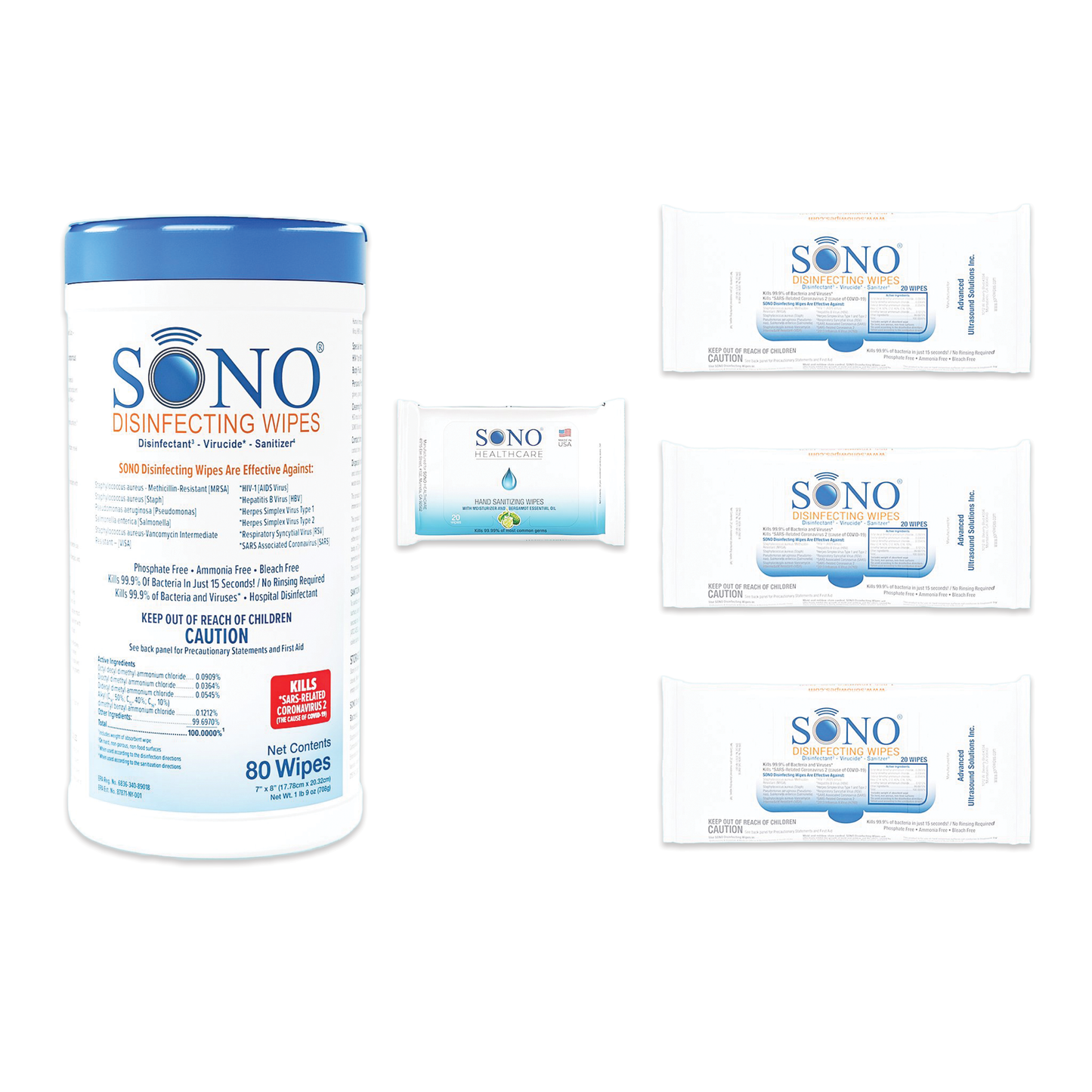 Comprehensive SONO Disinfecting Wipes Family Bundle with multiple canisters and travel packs for all-around home cleanliness, showcased on a white backdrop.
