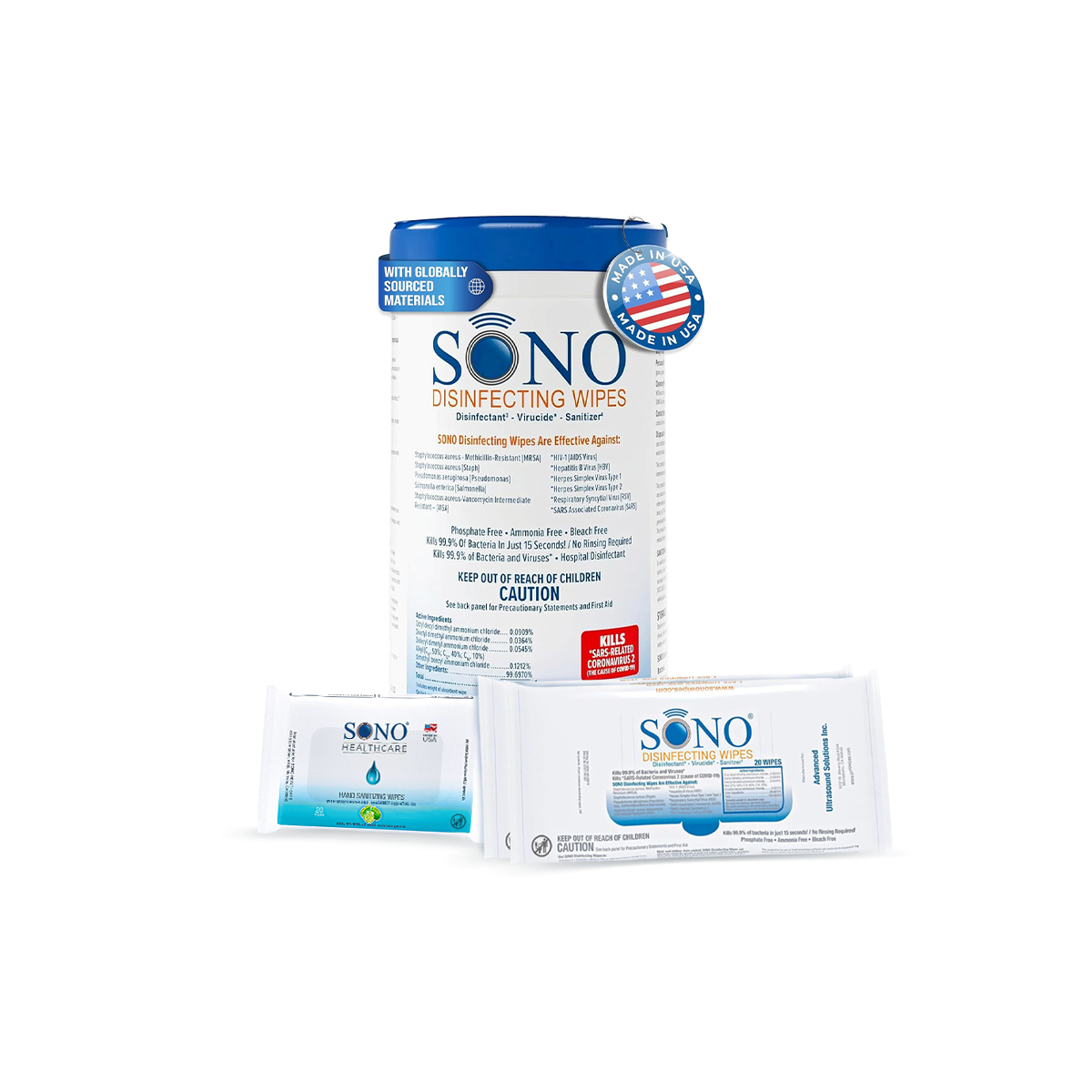 SONO Disinfecting Wipes Family Bundle featuring various pack sizes for home and travel use, displayed against a clean background.