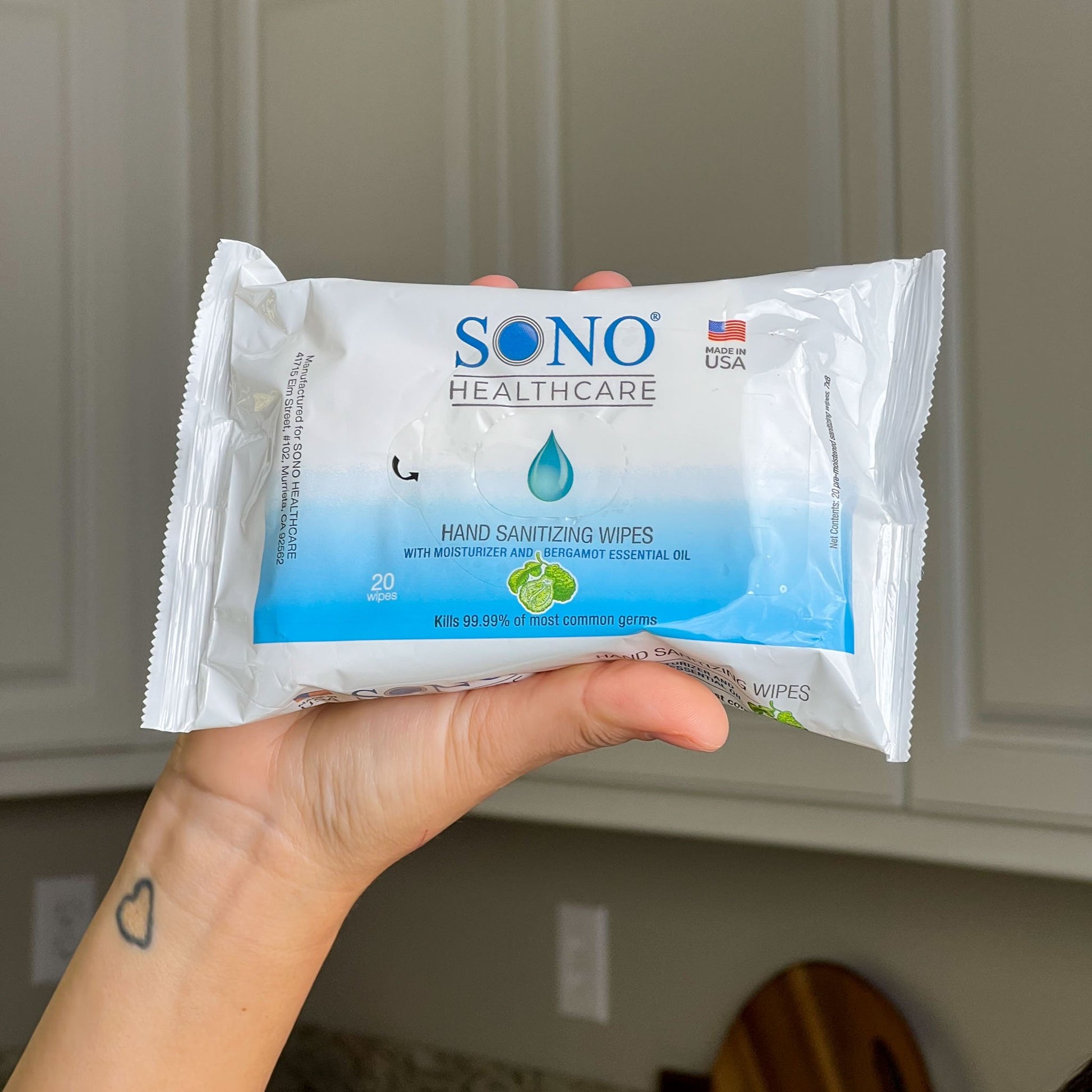 Close-up of SONO Hand Sanitizing Wipes showcasing its size and quality