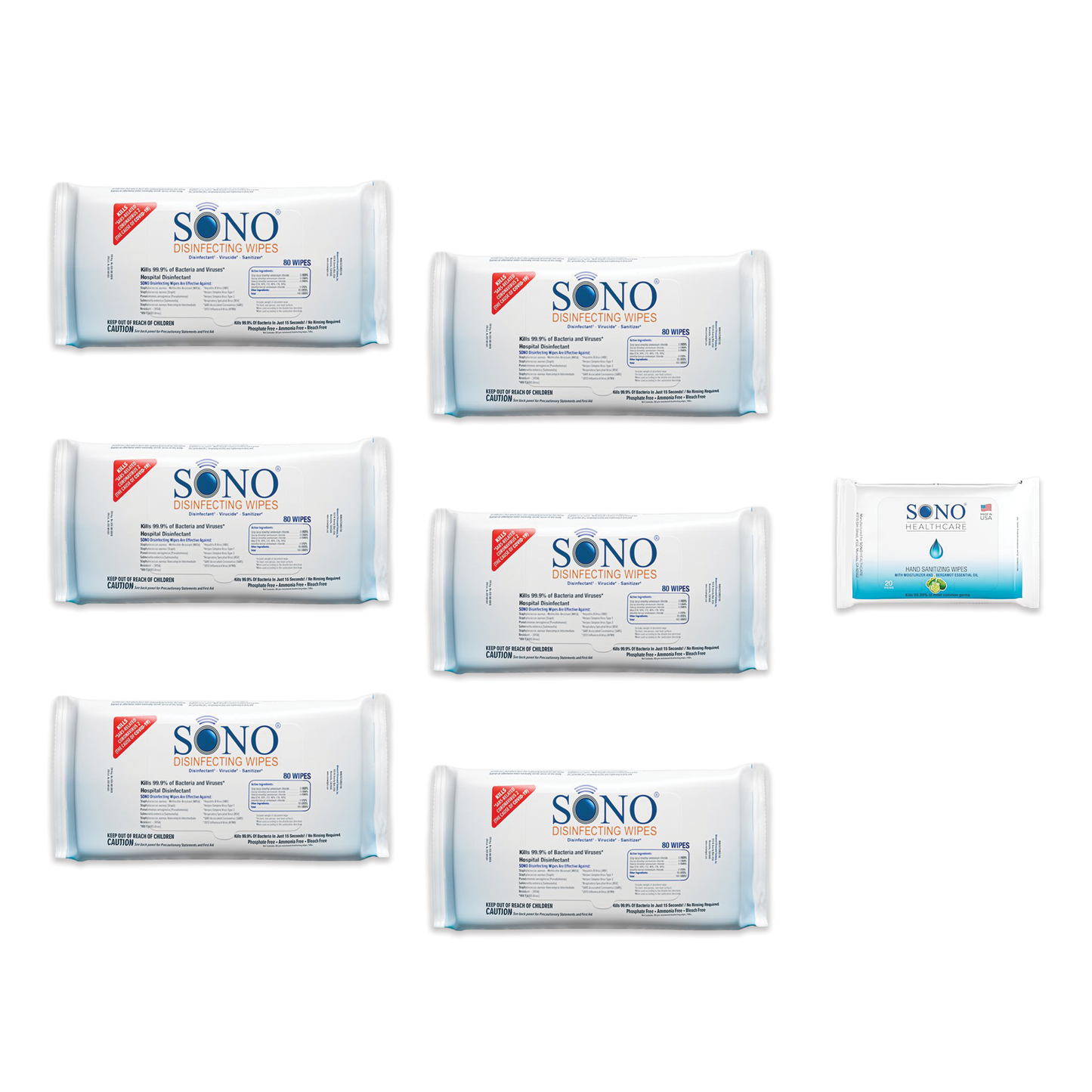 "Image showcasing the effectiveness of SONO Wipes against SARS and common bacteria with a focus on the alcohol and bleach-free formula.