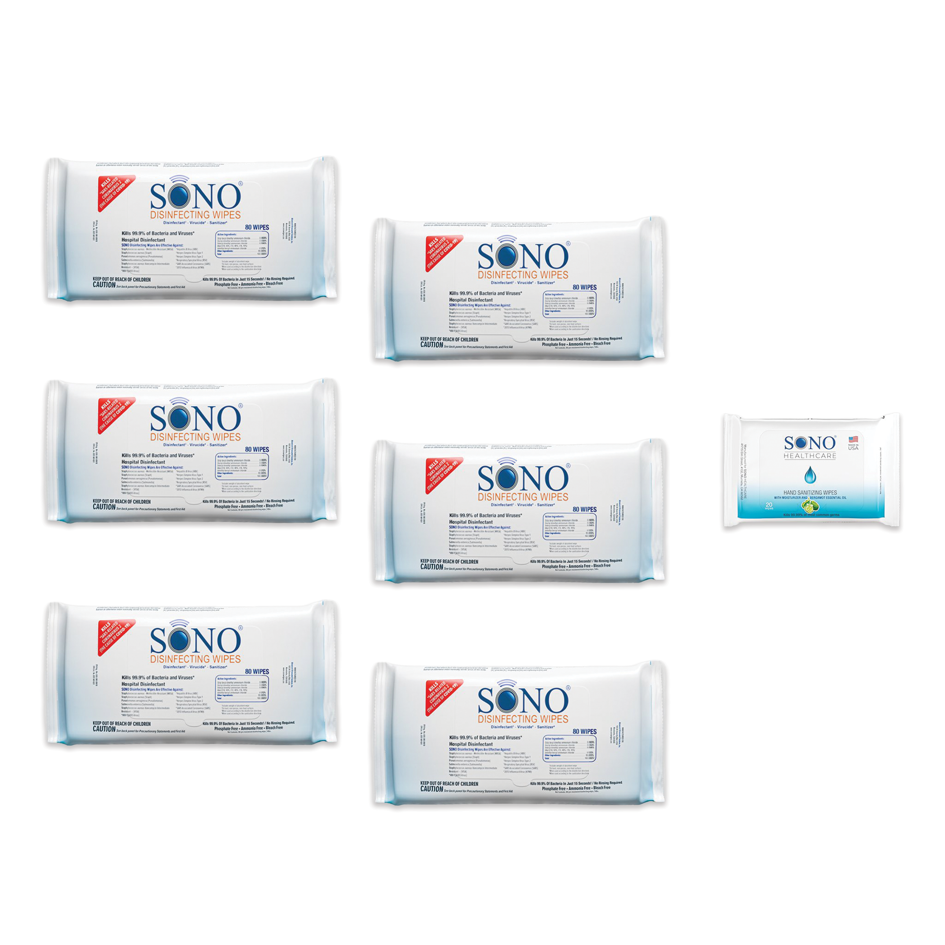 "Image showcasing the effectiveness of SONO Wipes against SARS and common bacteria with a focus on the alcohol and bleach-free formula.