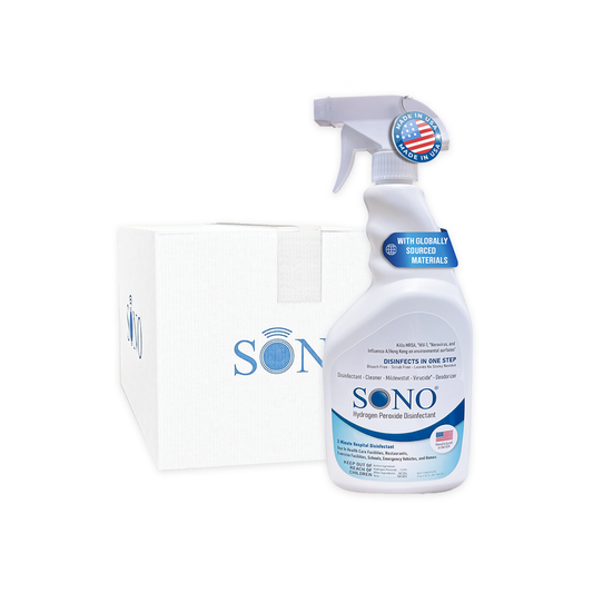 SONO 32oz Disinfectant Spray leaning against a branded SONO box, indicating a 6-pack bundle for efficient cleaning and stain removal.