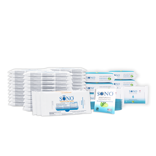 The SONO Travel Bundle - 33 Pack Disinfecting Wipes + Free 25 Pack Hand Sanitizer Wipes